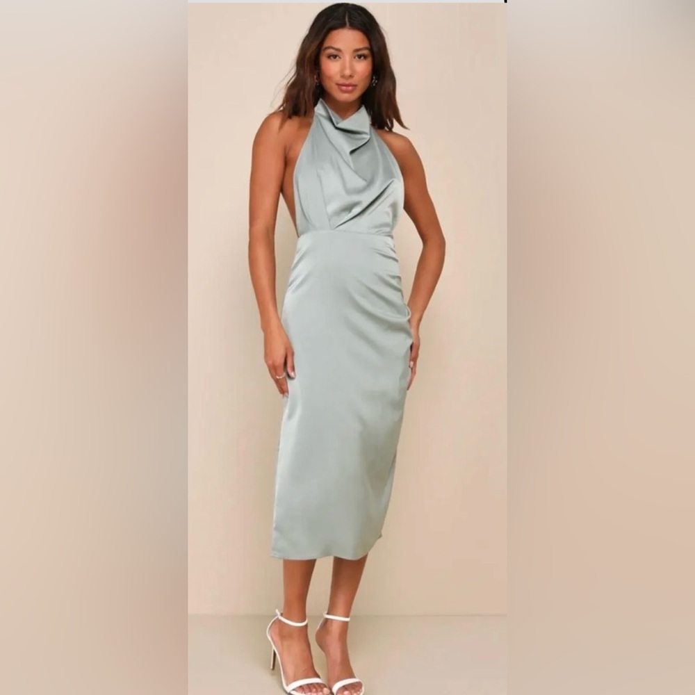 NWT Satin Cowl Neck Midi Dress in Light Sage